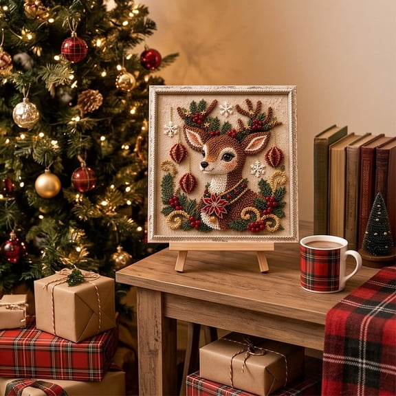 Clearance Gunhay 3D Christmas Fabric Poke Art Kit, Handmade Fabric Poke Art Kit, DIY Christmas Craft Kit for Adults & Beginner, Holiday Vintage Home Decor, Reindeer