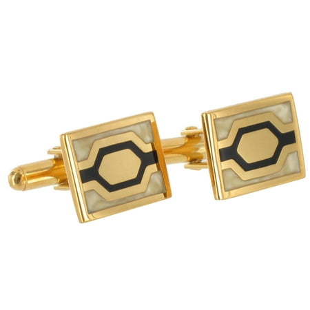 - Gold Tone Black Off White Enamel Hexagon Rectangle Mens Cufflinks