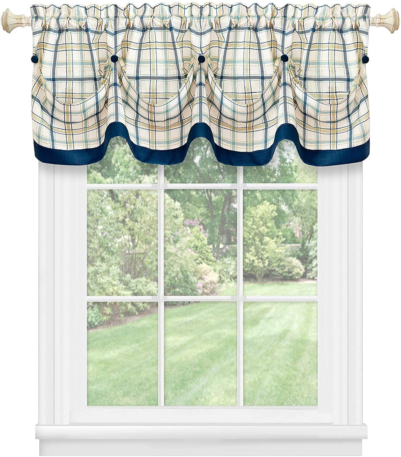 Window Curtain Valance, Double Layer Plaid Gingham Design with Button