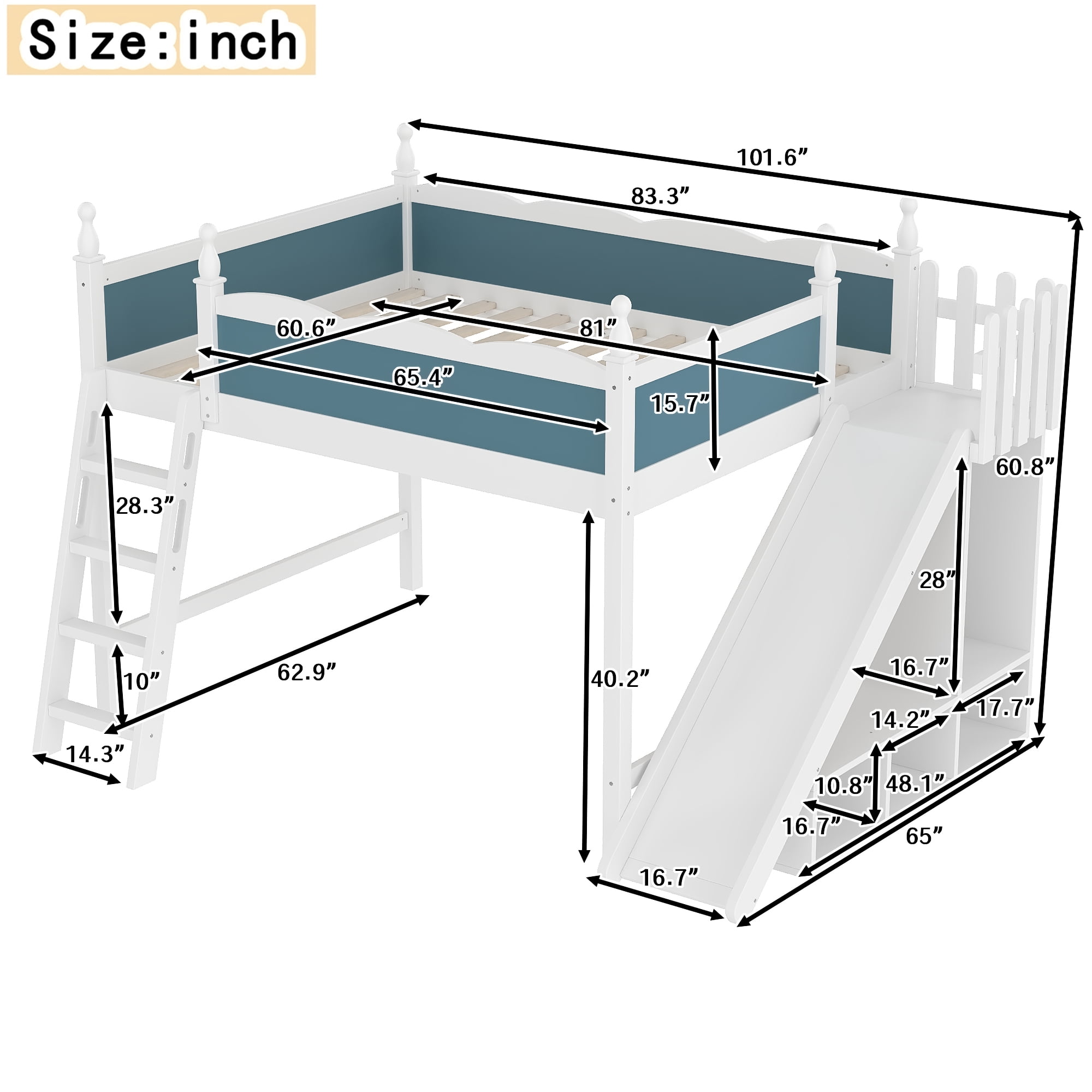 Leumius Queen Loft Bed Frame with Storage Shelves and Wardrobe, Solid Wood Loft Bed with Detachable Slide and Ladders for Kids Teens Adults Blue and White