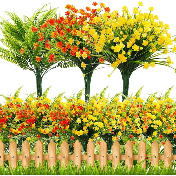 Artificial Flowers Outdoor Flowers UV Resistant Fake Plants Faux Plastic Flowers Greenery Shrubs for Hanging Planters Outside Porch Vase Pot Home Window Decoration (Orange, Yellow, Green)