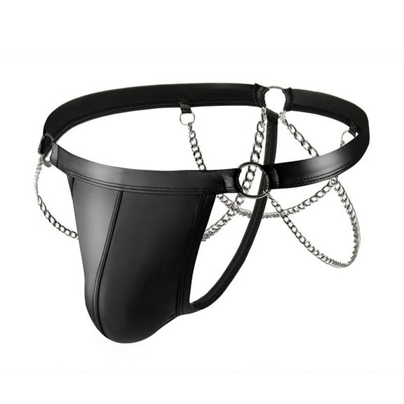 khonts,Men's Leather Thongs Exotic Chain Panties Sexy T-Back Underwear Black XL