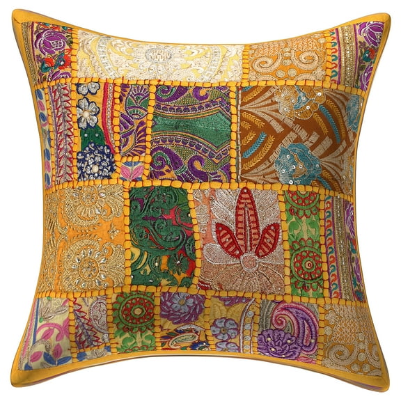 Stylo Culture Indian Cotton Decorative Throw Pillow Sham Cover Mango Yellow 16 x 16 Bohemian Vintage Patchwork Indian Couch Cushion Cover 40x40 cm Home Decor Abstract Square Pillowcase | 1 Pc