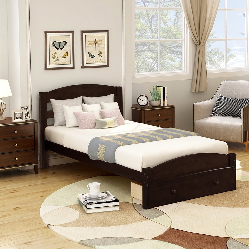 Veryke Twin Size Platform Beds with Storage Drawers, Wood Bed Frame with Slat Support No Box