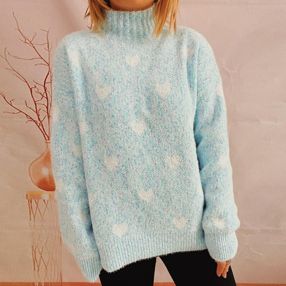 Herrnalise Womens fashion Color Block Heart Pattern Casual Long Sleeve Knitting Round Neck Sweater Blouse Tops Christmas Gifts For Women