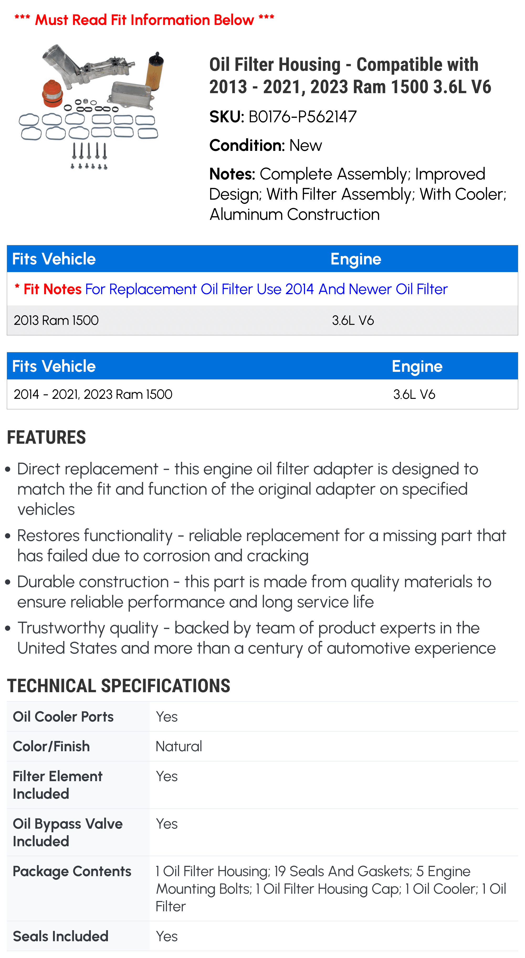 Oil Filter Housing - Compatible with 2013 - 2021, 2023 Ram 1500 3.6L V6 - Dorman