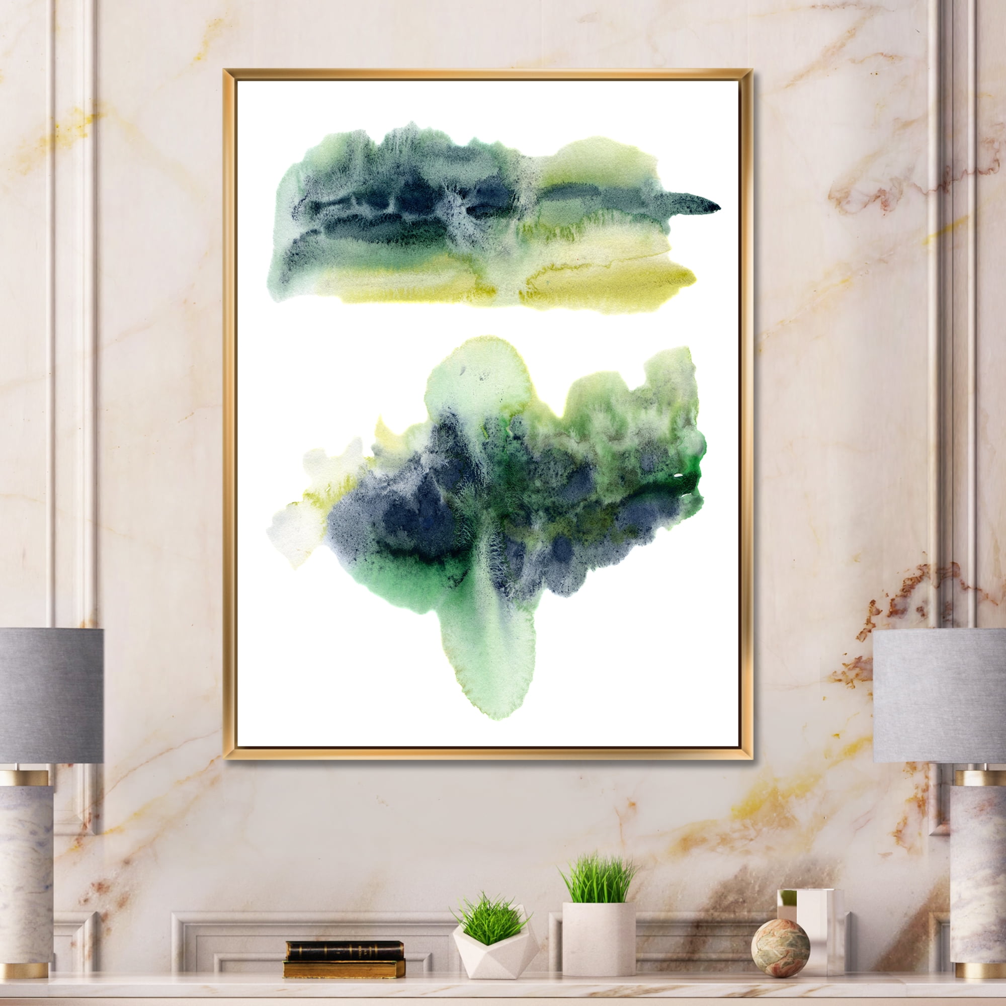 Designart 'Golden Green Abstract Clouds IV' Modern Framed Canvas Wall Art Print