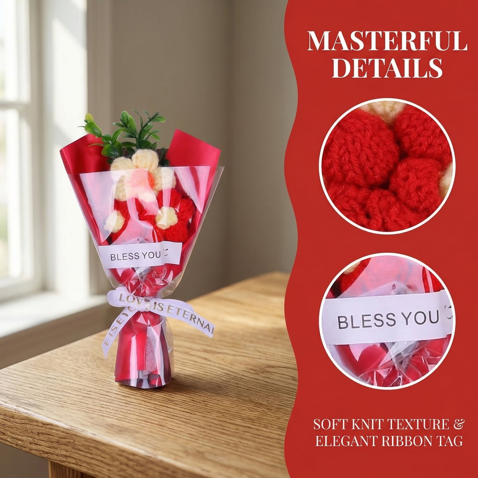 Unique Bargains 4Pcs Handmade Crochet Potted Flowers Knitted Bouquet Red 5.9in