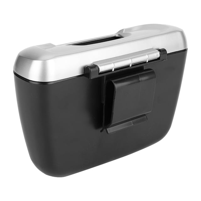 Car Trash Can, Quality ABS Material Auto Car Trash Can Portable Car Garbage Box, designed for car interiors with a compact black and silver build, flip-type cover, and removable buckle for versatile placement. Durable ABS material, ideal as a car organizer, measuring 18x12x6cm.