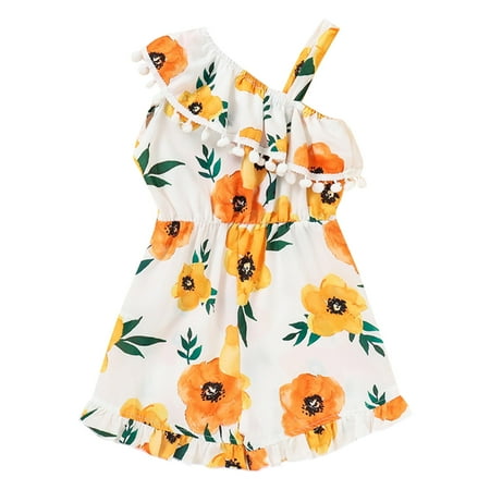 

ZRBYWB Toddler Girls Romper Sleeveless Off The Shoulder Floral Print Tassels Ruffles Suspender Jumpsuit Clothes Baby Clothing