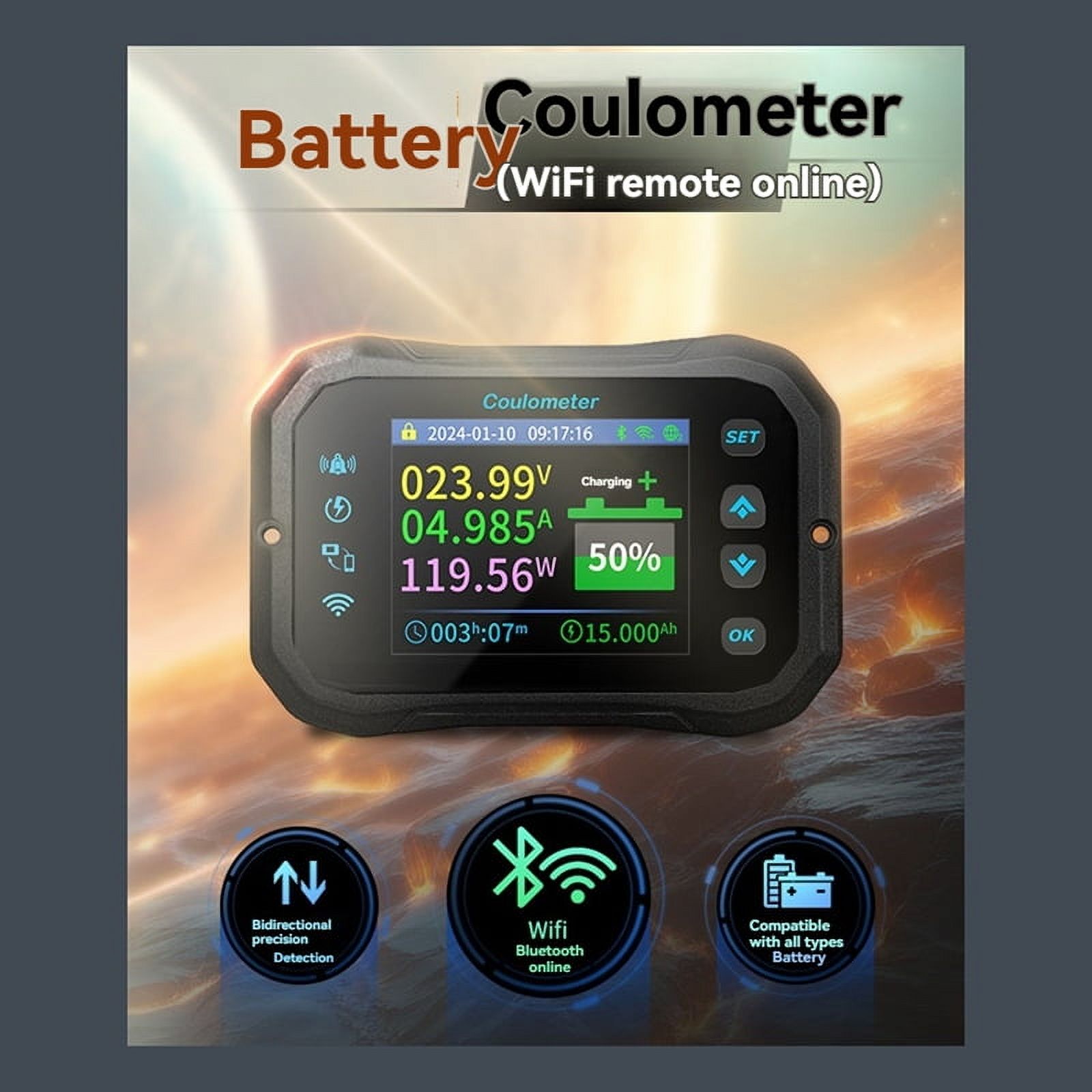 WiFi Coulomb Meter- Power Volt-Ammeter for Lithium & Lead Acid Batteries, RV Battery Capacity Indicator & Monitor KM140F
