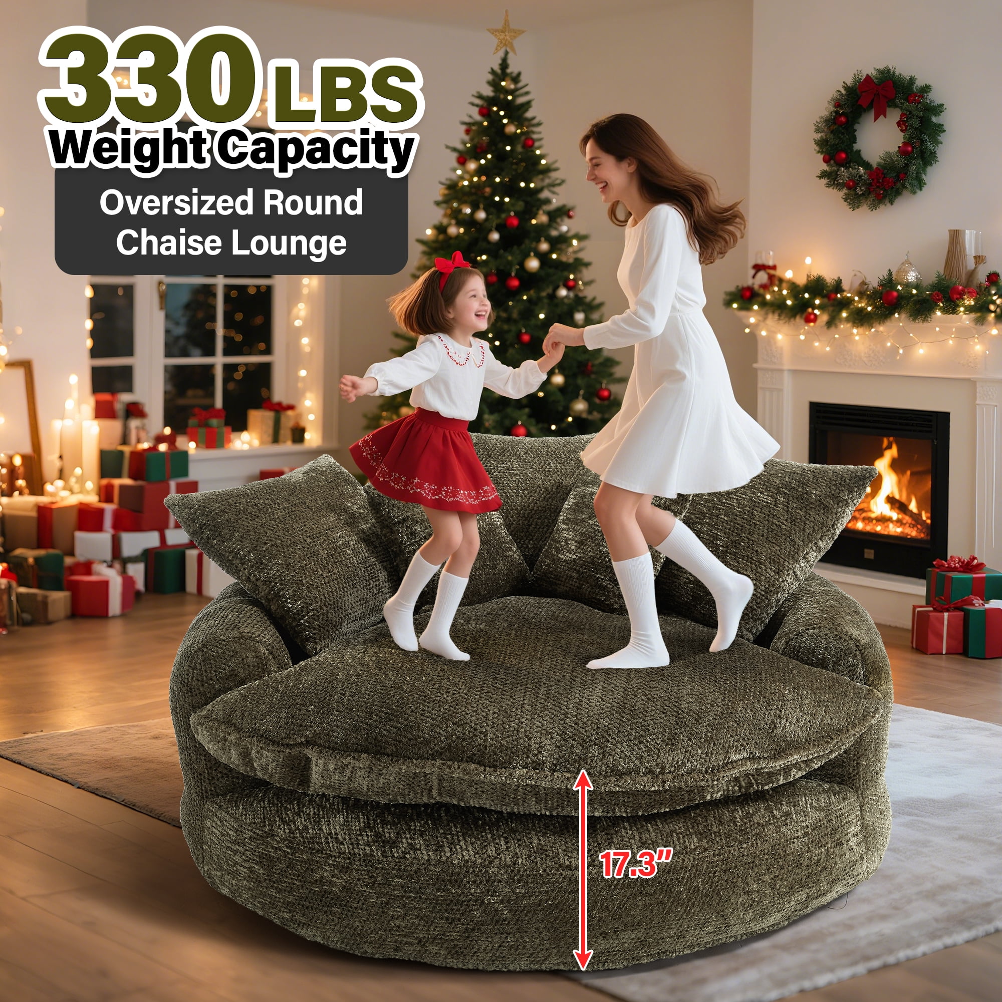 Aukfa 55" Oversized Round Chaise Lounge Chair, Fluffy Deep Seat Cloud Floor Sofa, Modern No Assembly Couch, Olive