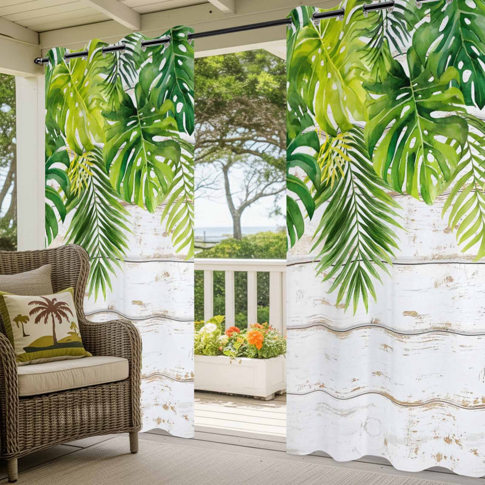 Palm Leaf Outdoor Curtains for Patio, Green Tropical Plant Rustic Country Farm White Wood Grain Sunshade Privacy Drapes Grommet Waterproof Outside Curtains for Porch/Cabana/Balcony 54"x 108", 2 Panel