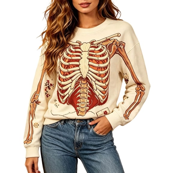 Hearthz Halloween Womens Knit Sweater Skeleton Holiday Print Casual Sweaters for Women Textured Knit Long Sleeve Crew Neck Pull Over Womens Sweaters
