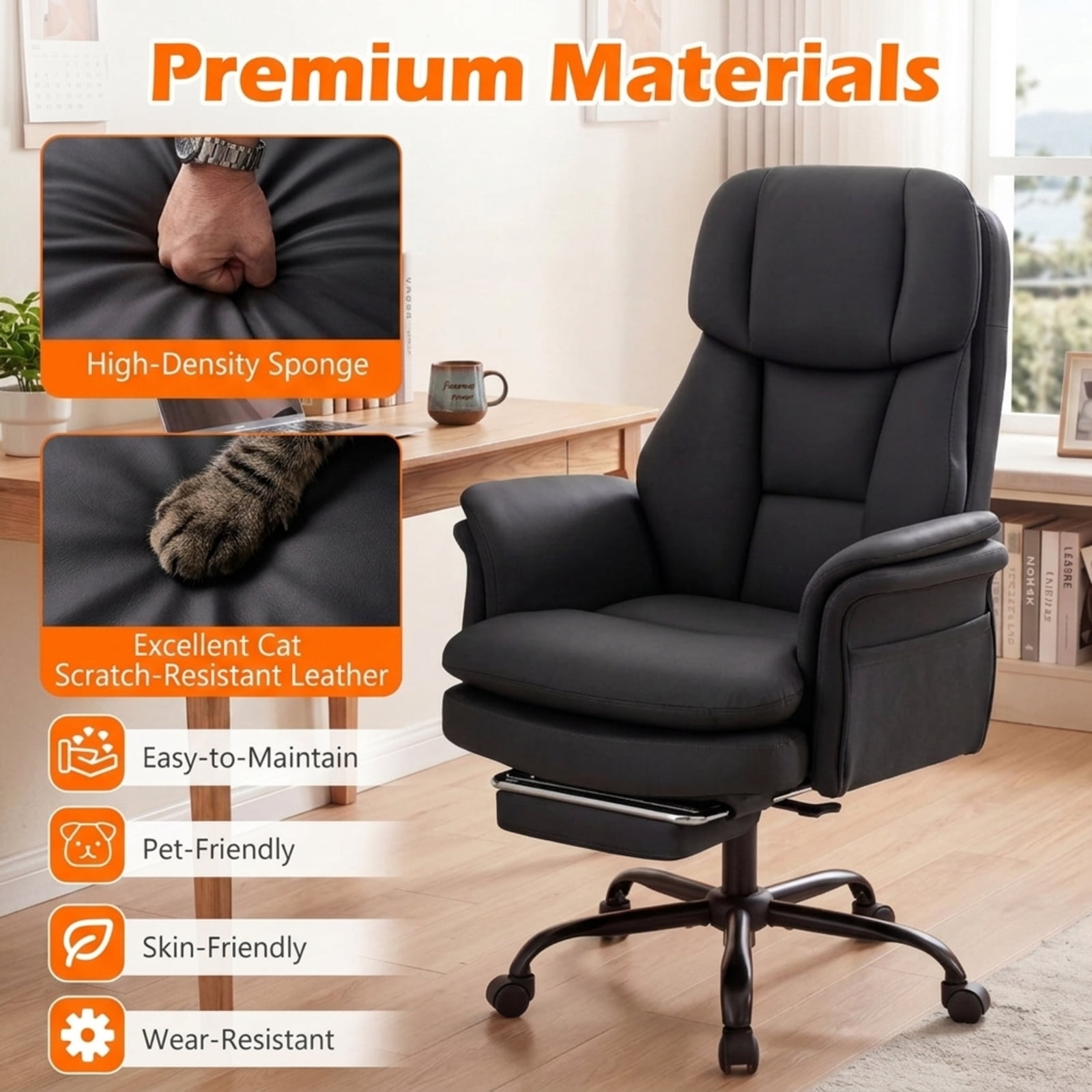 Furnibear Big and Tall Executive Office Chair 500 lbs Ergonomic Cross Legged Computer Chair with Retractable Footrest and Flip Up Arms, Black