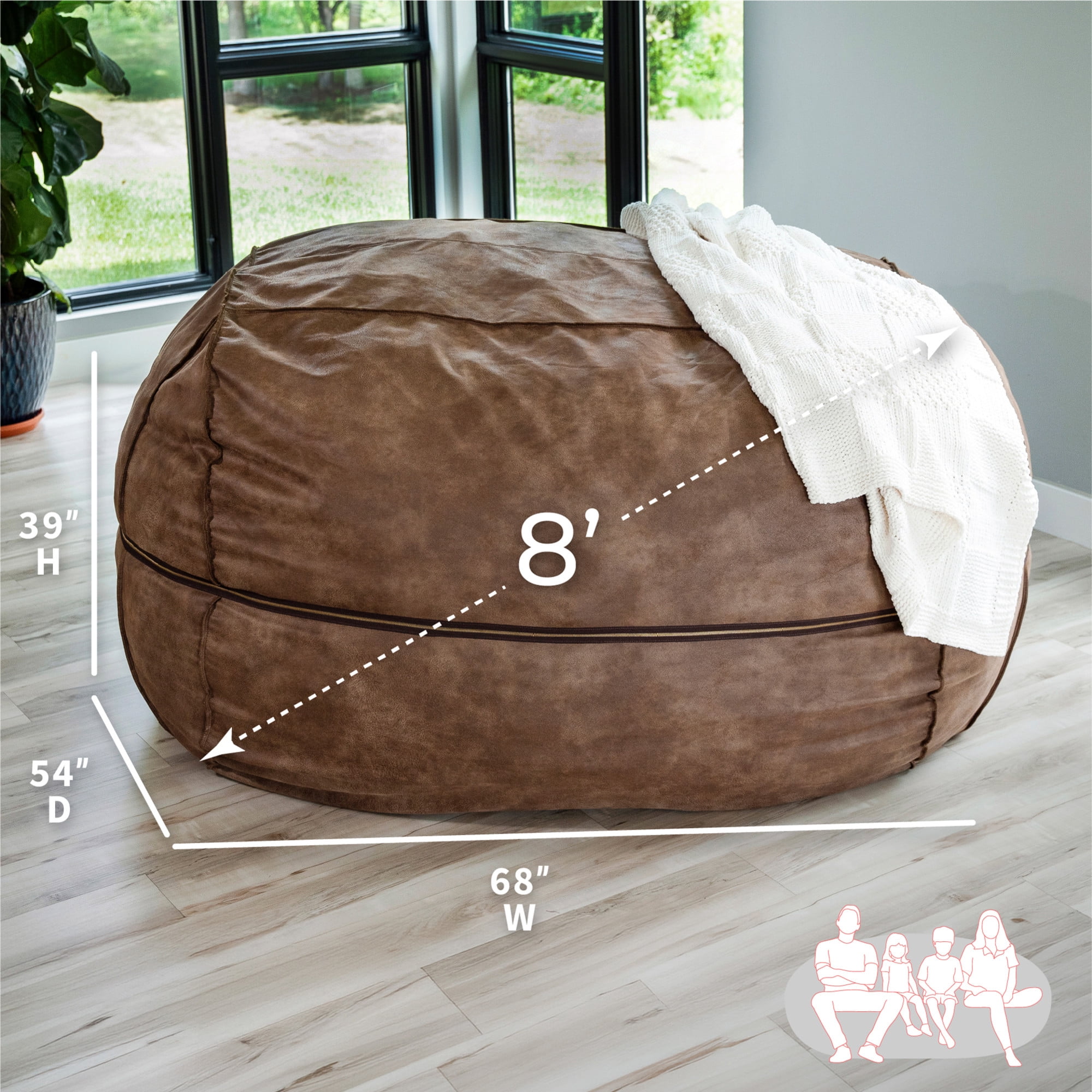 Big Joe Fuf 8Ft Giant Foam Bean Bag Chair, Oversized Couch with Removable Cover for Kids, Teens, Adults, Coffee Soft Vegan Leather, 8 Foot