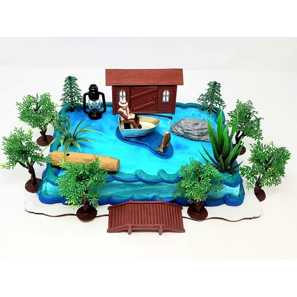 Gone Fishing Fisherman Themed Birthday Cake Topper Set Featuring Camping Angler in Boat with Decorative Themed Accessories