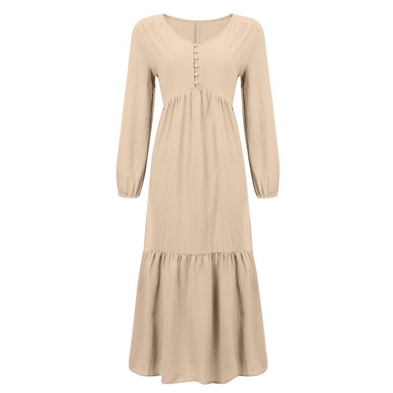 Jzuxvd Womens Cotton Linen Peasant Maxi Dresses Button Up Long Sleeve Pleated Tiered Dress Vintage Flowy Swing Tunic Dress Khaki XL