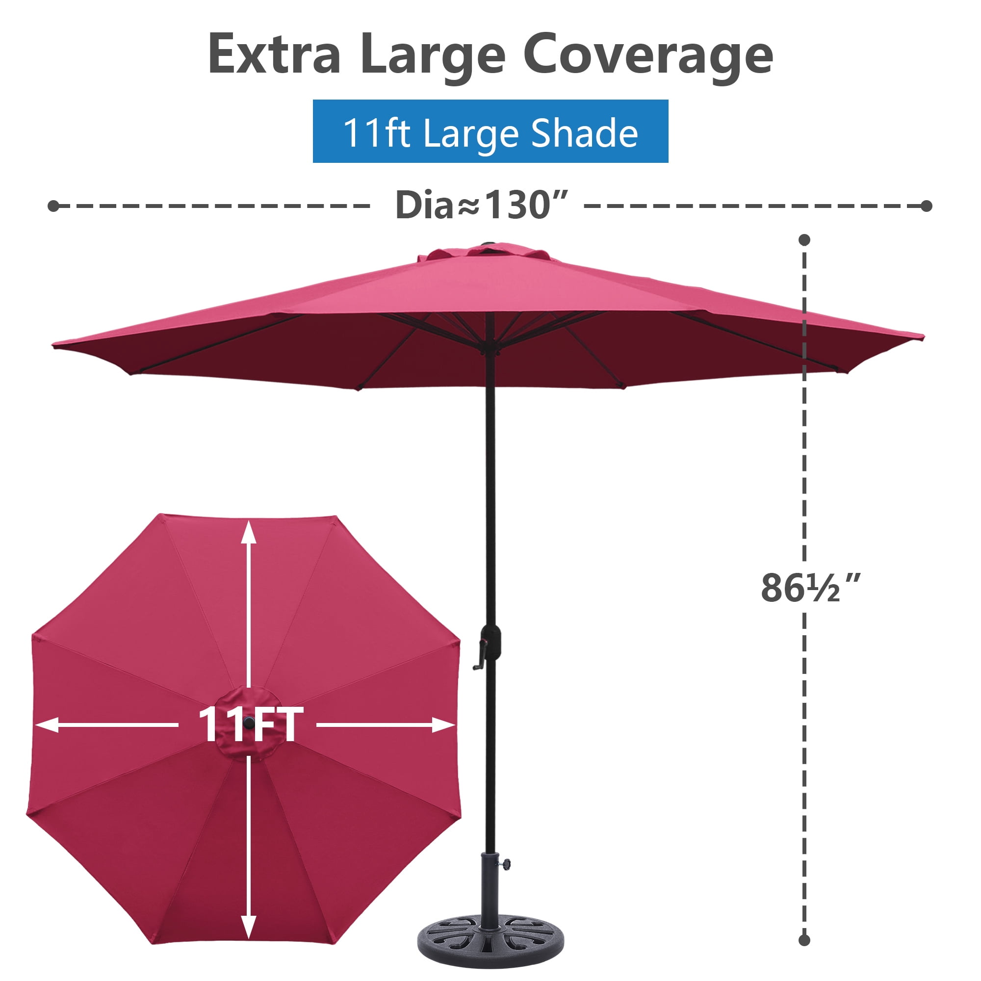 Abble 11FT Outdoor Patio Umbrella with Crank Handle, Market Umbrella with 8 Sturdy Umbrella Ribs, Waterproof for Garden Deck Backyard Pool, Burgundy