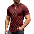 thumbnail image 2 of Mens Lace Up Tshirt Short Sleeve V Neck Casual Summer Beach Vacation Top Wine S, 2 of 8