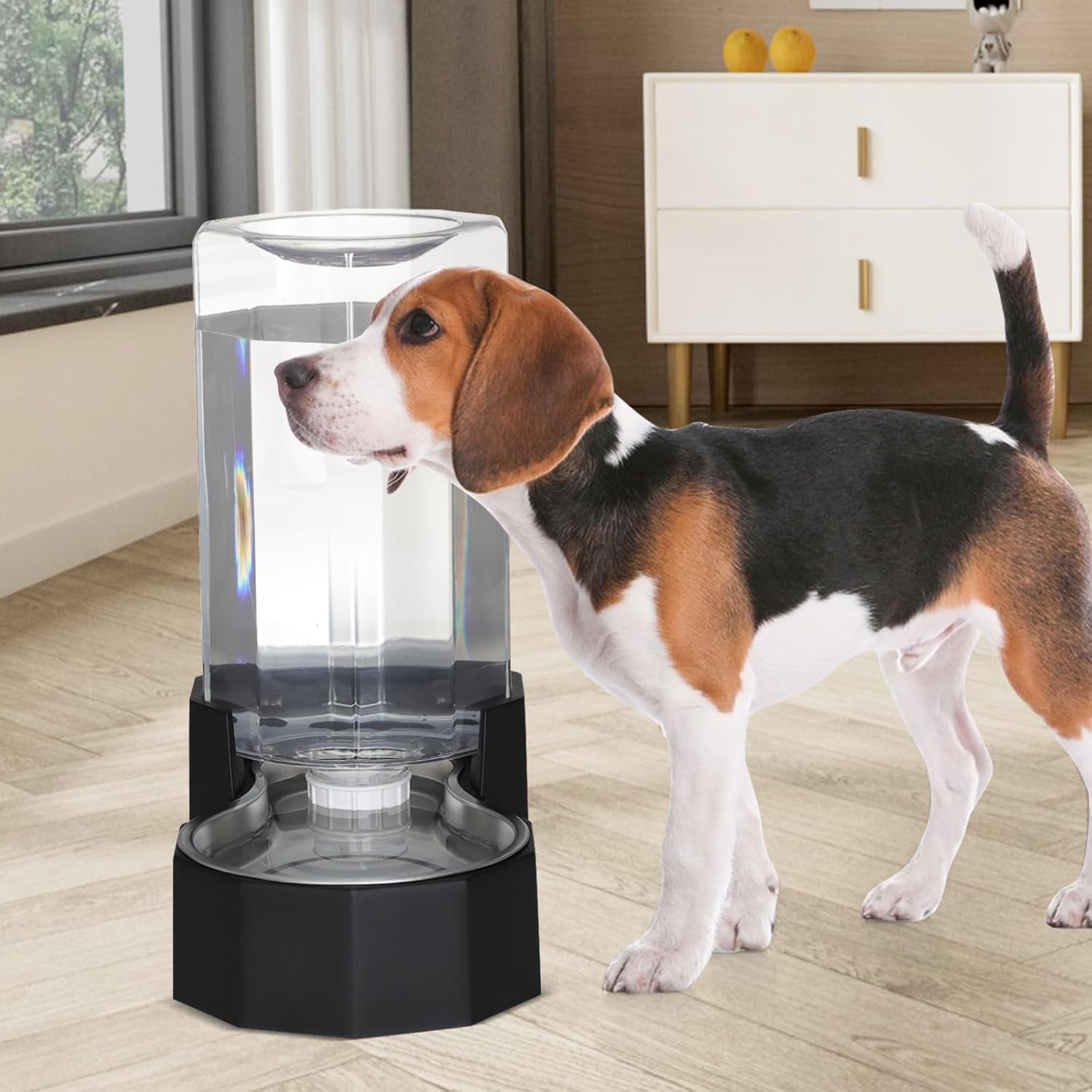 Black 8L Gravity Dog Water Dispenser - Fewer Refills for Multi-Pet Homes, No Power Needed, Spill-Proof, Easy Refill & Maintenance, with Stainless Steel Bowl, for Large Dogs, for Garage/Patio