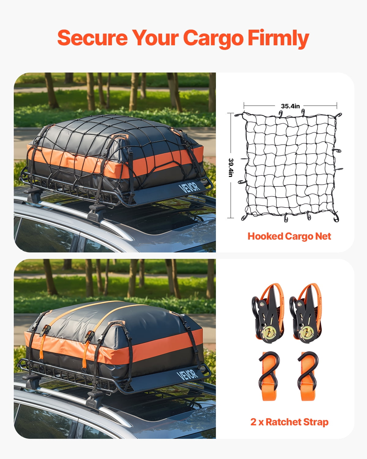 VEVOR Roof Rack Basket, 51 x 36 x 4.1 in, Universal Rooftop Cargo Carrier with 1120 x 870 x 260 mm Cargo Bag, Net, Ratchet Straps, 200 lbs Max Load Capacity Car Top Luggage Holder