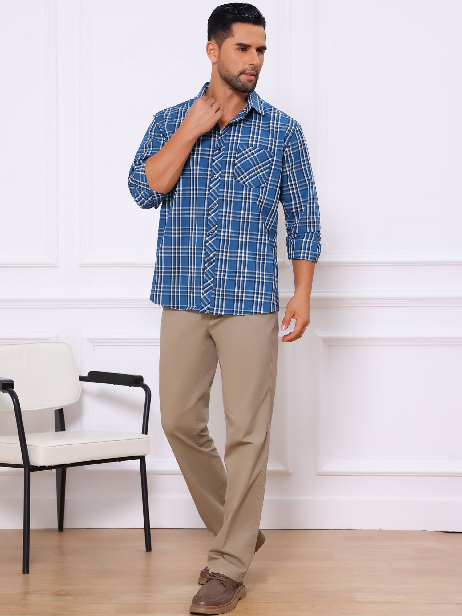DARING DIVA Men's Long Sleeve Checked Shirt Point Collar Button Plaid Shirt S Dark Blue