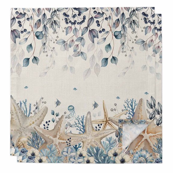 Blue Beige Coastal Cloth Napkins, Beach Starfish Summer Eucalyptus Rustic Washable and Reusable Dinner Napkins Set of 2, Table Napkin for Kitchen Party Birthday Wedding Hotel Housewarming 20"x20"