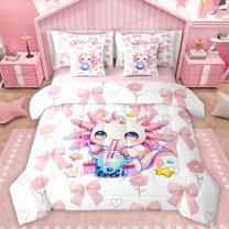 Manfei Cartoon Boba Axolotl Bedding Comforter Set 7pcs for Teens, Cute Flower Floral Queen Bedding Sets, Pink Bowknot Ribbon Reversible Queen Sheet Sets, Ultra Soft Bedroom Decor