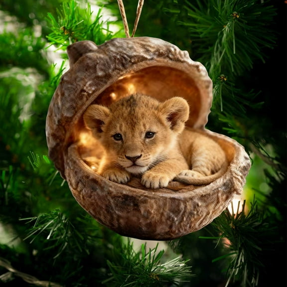 Forest Animal Acorn Ornaments, Cozy Forest Christmas Ornaments, New Pine Cone Animal Decoration, Woodland Creature Figurine, 2D Acrylic Hanging Ornament Home Party Décor (1PC, Lion Cub)