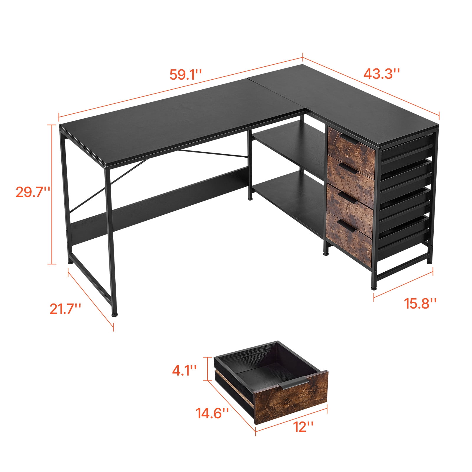 VEVOR L-Shaped Computer Desk, 59-inch Reversible Corner Gaming Desk with Drawers & Storage Shelves, Modern Stylish PC Table Sturdy Work Workstation for Home Office - Easy to Assembly