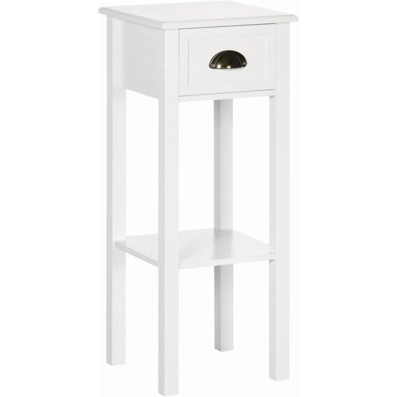 PRZL 2-Tier Side Table with Drawer, Narrow End Table with Bottom Shelf, for Living Room, Set of 1, White