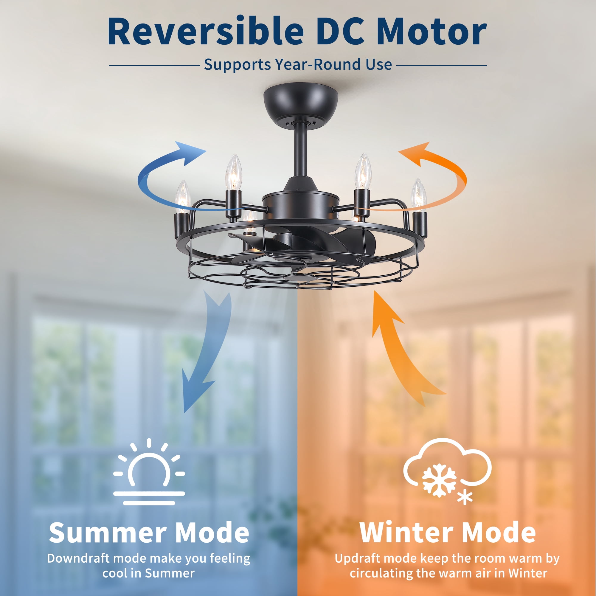 Leumius 20" Industrial Ceiling Fan with Lights, Farmhouse Fandelier with 6 E12 Sockets, Reversible DC Motor, 6 Speeds Remote Control Ceiling Fan for Dining Room Kitchen Bedroom Matte Black