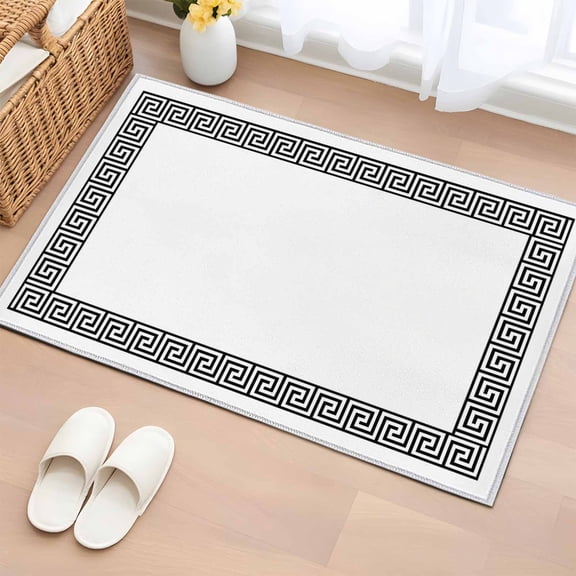 2x3 Ft Entryway Area Rug, Black Geometric Kitchen Rug Runner Washable Floor Mat, Modern Key Greek Design Abstract Art Non Slip Indoor Door Mat Throw Carpet for Bathroom Living Room Bedroom