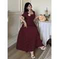 thumbnail image 6 of Burgundy Womens Square Neck Puff Sleeve Fit & Flare Midi Dress With 3D Floral Embellishment, 6 of 6