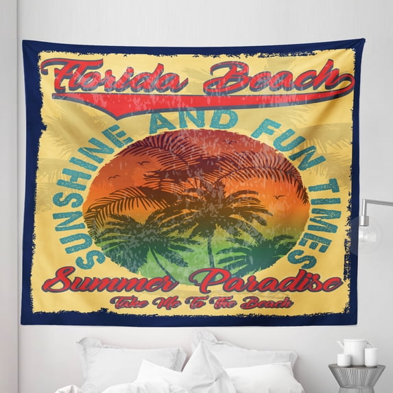 Florida Tapestry, Sunshine and Fun Time Paradise City Dreaming of Summer Travel Trip Theme Vintage, Fabric Wall Hanging Decor for Bedroom Living Room Dorm, 5 Sizes, Multicolor, by Ambesonne