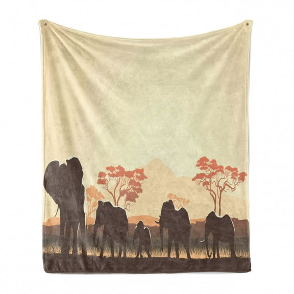 Africa Soft Flannel Fleece Throw Blanket, Wildlife Safari Big Animalin Forest with Lake Nature Scene, Cozy Plush for Indoor and Outdoor Use, 50" x 60", Pale Yellow Brown, by Ambesonne