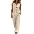 thumbnail image 2 of IUYRTFE Women's V-Neck Sleeveless Button Front Top and Wide Leg Pants Set Casual Summer Two Piece Outfit with Pockets, 2 of 7