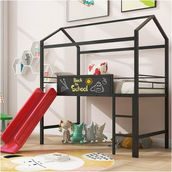 JERFIT Twin Metal House Bed with Slide and Writable Board, Black Red
