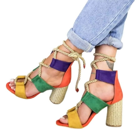 

Woman Summer Heels Sandals with Laced Peep Toe Durable Shoes for Birthday Party Adult Ceremony 37 Heel Orange