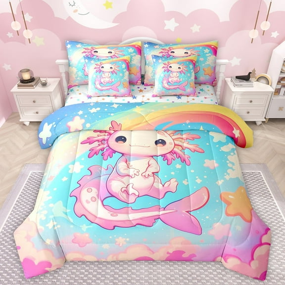 Manfei Kids Children Cartoon Axolotl Twin Bedding Sets 7-Piece,Kawaii Rainbow Bedding Comforter Set Microfiber,Cute Stars Print Breathable Sheet Sets,Super Cozy Room Decor,Reversible