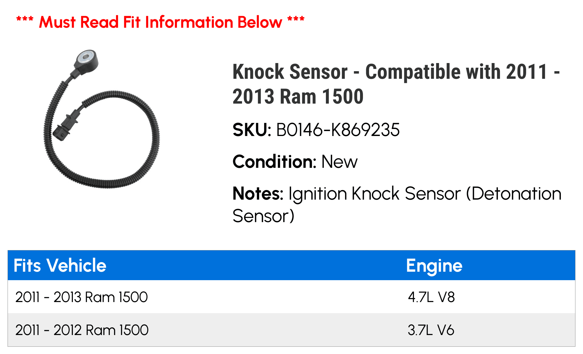 Knock Sensor - Compatible with 2011 - 2013 Ram 1500 2012