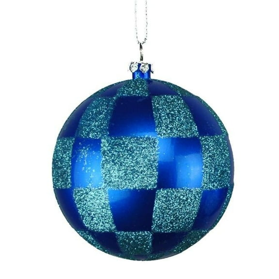 4 pack of Blue and Teal Checkered Ball Ornament with Glitter Enhancements