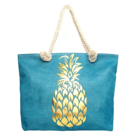 Blue Canvas Tote - Turquoise Blue Golden Pineapple Canvas Beach Tote Bag