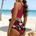 thumbnail image 6 of Women 2 Piece Bikini Set Crew Neck Sleeveless Cropped Halter Side Bow Trunks Stretchy Modest Bathing Suit (XL, Wine), 6 of 9