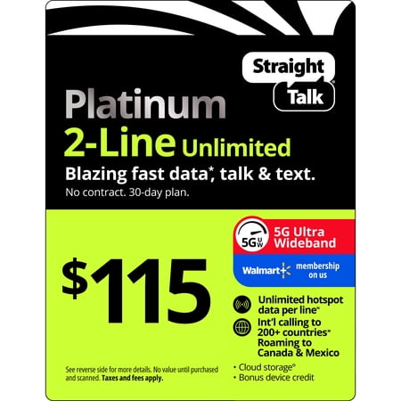 Straight Talk $115 Platinum 2-Line Unlimited 30-Day Prepaid Plan + Unlimited Hotspot data + Int'l Calling + Cloud Storage e-PIN Top Up (Email Delivery)