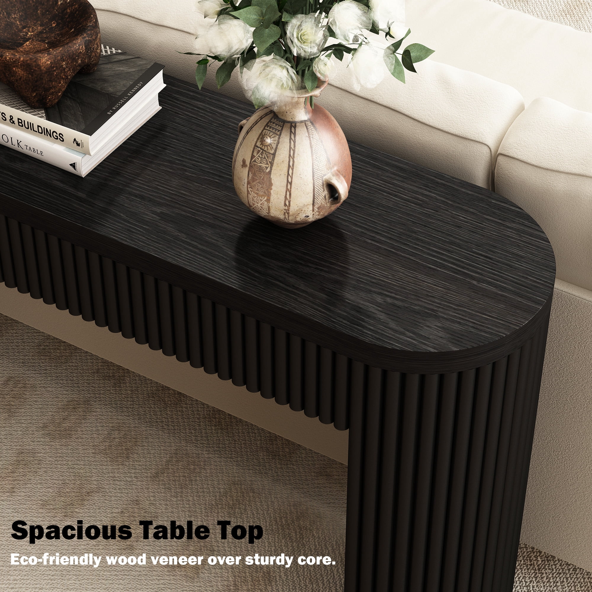 55'' Fluted Wood Console Table with Drawer, Narrow Entryway Table Behind Couch for Living Room Hallway,Black