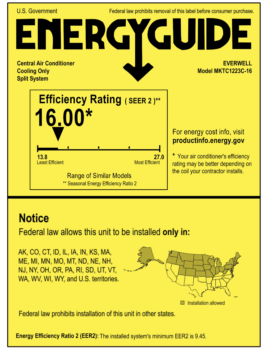 Everwell 12000 BTU AC Mini Split 17 SEER2 Inverter Ductless Only Cold System 220V