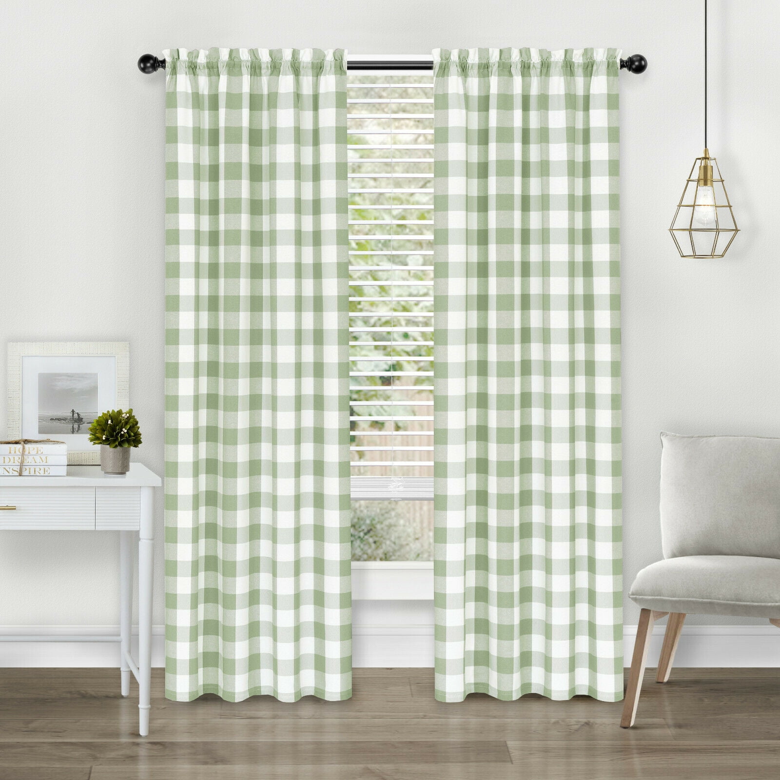 Modern Farmhouse 2 Piece Rod Pocket Large Buffalo Checkered Plaid Curtains - Granny Apple Green 63 in. Long