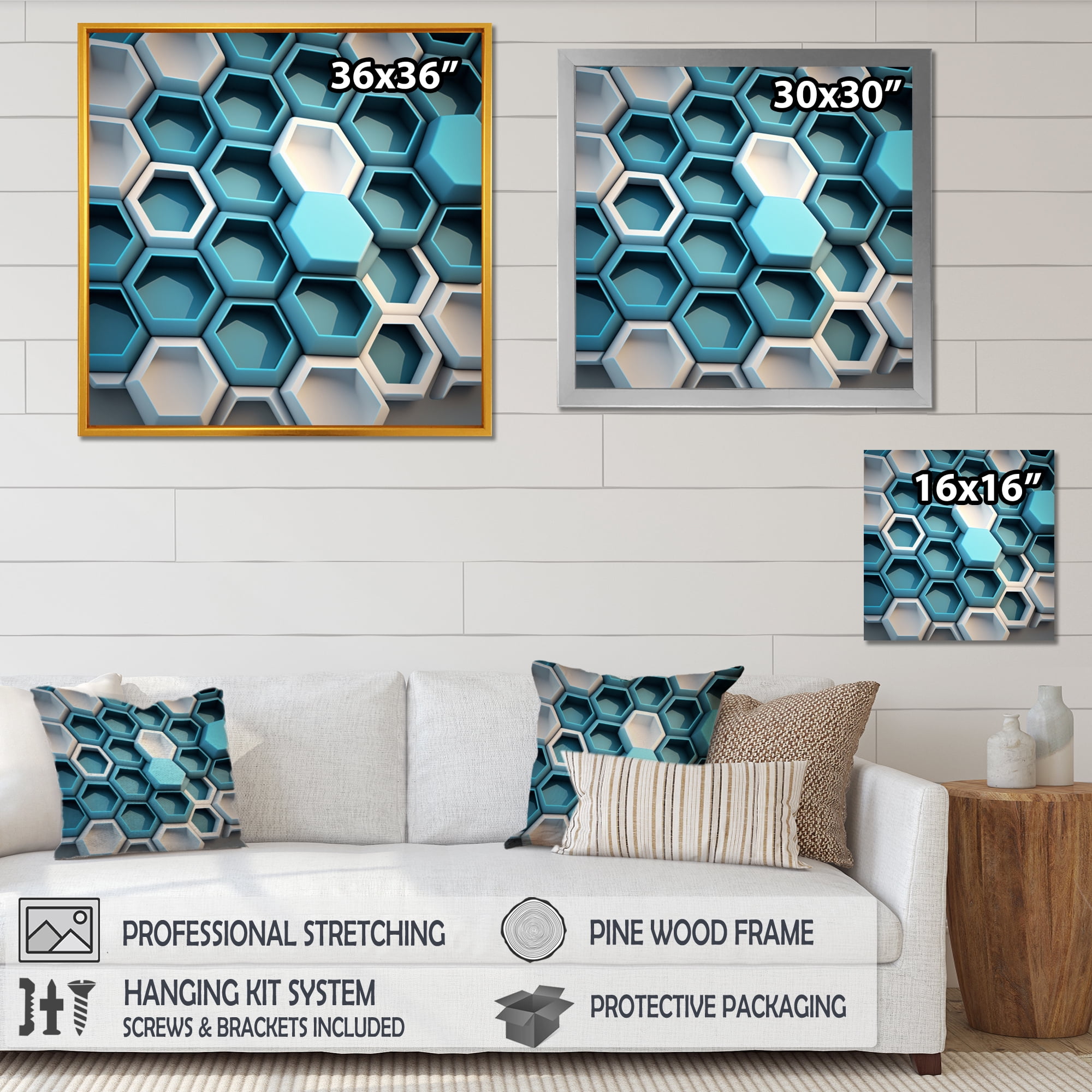 Designart Abstract Geomtric White And Blue Canvas Wall Art